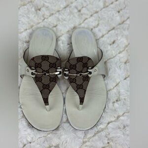 Gucci White and Brown Designer Sandals with Monogram Size 7 1/2